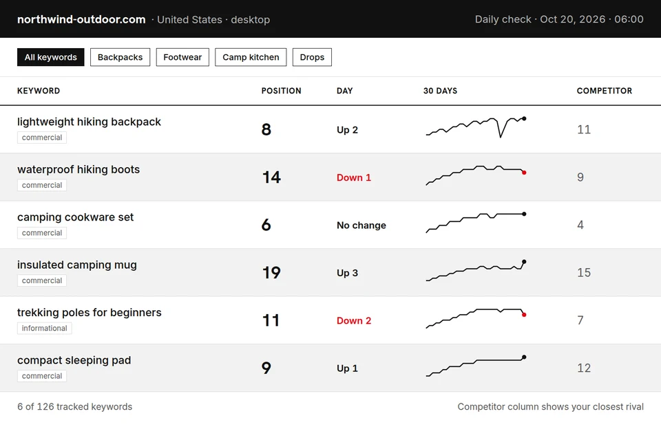 The SearchTracking keyword table for a project: daily Google position, one-day change, a 30-day line and competitor positions for each keyword